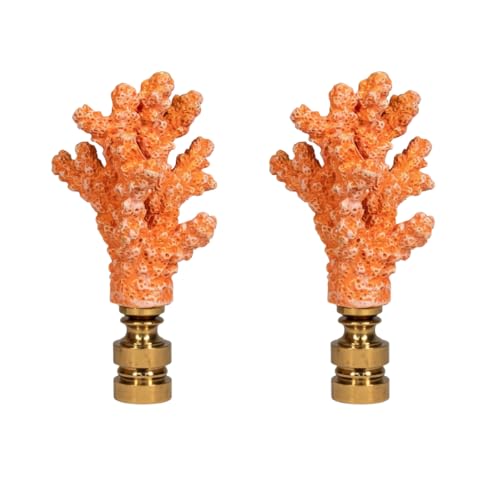 Image of Royal Designs, Inc. Sea Life Lamp Finial, Medium Coral, Orange, Polished Brass Base, Replacement Finial for Table or Floor Lamps, Set of 2