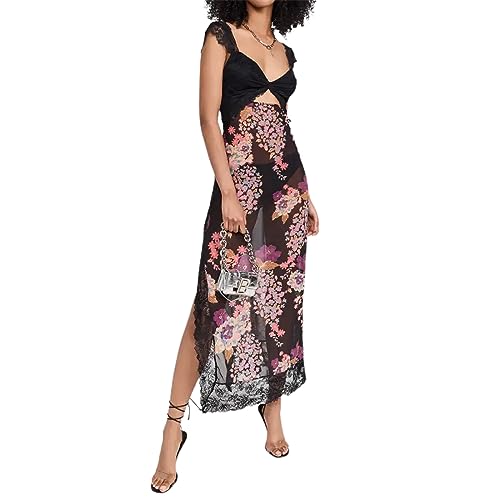 Image of Women Sexy Lace Patchwork Mesh Dress Floral Print Cutout Sweetheart Neck Backless Slit Summer Maxi Dress