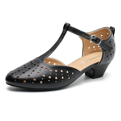 Image of MAIERNISI JESSI Women's T-Strap Mary Jane Pumps, Low Block Heel, Closed Toe, Buckle Ankle Strap