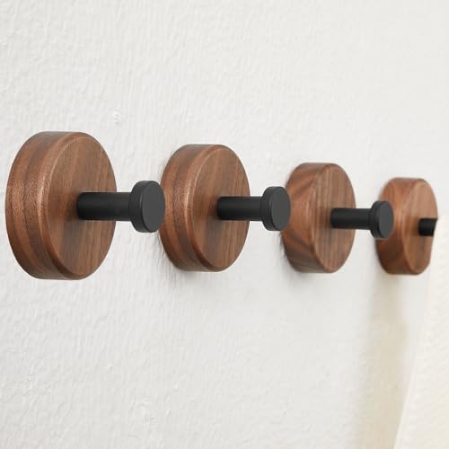 FunViet Wood Wall Hooks,4 Packs Dark Walnut Wood Coat Hooks Wall Mounted(Stick on & Screw in) for Hanging Purse,Hats,Backpacks,Jackets,Bags and Robe(Up to 30lbs),Modern Farmhouse Decor.