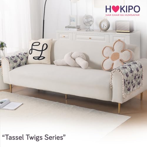 Image of HOKIPO Lavender Vine Quilted Sofa Armrest Cover - 1 Pair | 'Tassel Twigs' Series (IN-987-T1*2)