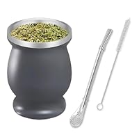Mate Becher, Edelstähle Mate Tee Set, Mit Strohhalmlöffel und Reinigungsbürste, Mate Gourd Set für Mate Tee, Kaffee, Milch und Saft, Grau, 8oz
