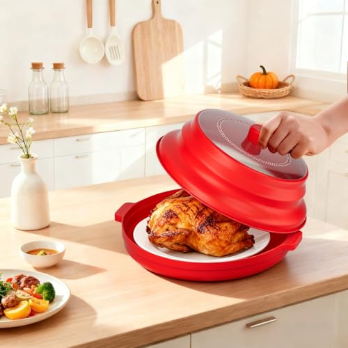 2 in 1 Microwave Splatter Cover for Food, Large Plastic & Silicone Collapsible Vented Food Guard Lid, Plate Holder & Kitchen Colander with Anti-scald Base Plate, Red — view 5