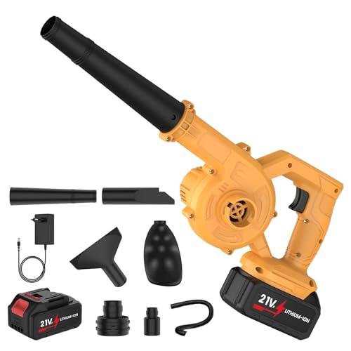 Soplador de Batería 21V, 360 W, Soplador de Hojas Sopladores de Hojas Inalámbrico con Batería y Cargador 23000r/min 3,3m³/Min, Función 2 en 1 para el mantenimiento del césped (1 Batería/Amarillo)