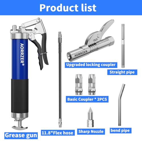 AORRZER Grease Gun, 8000 PSI Heavy Duty Pistol Grip Grease Guns Set,(14 oz Load) with Updated Strong Lock on Greases Gun Couplers, 12” Spring Flex Hose, 2 Extension Rigid Pipe and 1 Sharp Nozzle
