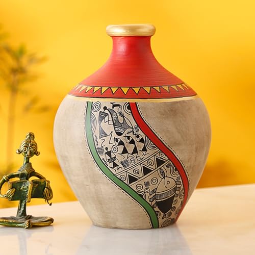 Image of Aakriti Art Creations Handcrafted Red & Gold Warli Terracotta Vase (5x4 HxD) | Tribal Art Decorative Flower Vase | Matte Finish Traditional Vase for Living Room Decor, Table Decor & Gifting