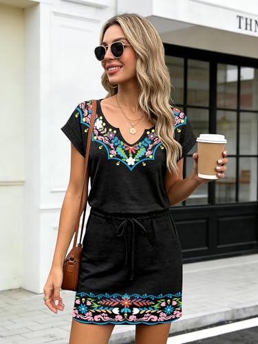 Image of SAUKOLE Women Summer T Shirt Dress Casual Short Sleeve V Neck Dress with Pockets Drawstring Waist Short Dresses