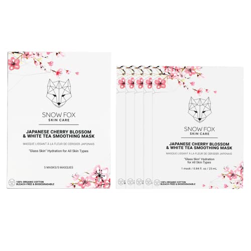 Snow Fox Japanese Cherry Blossom & White Tea Smoothing Sheet Mask – Hydrating Face Mask for Glass Skin Glow & Bridal Makeup Prep – Moisturizing Facial Skin Care for all Types – 5 Pack
