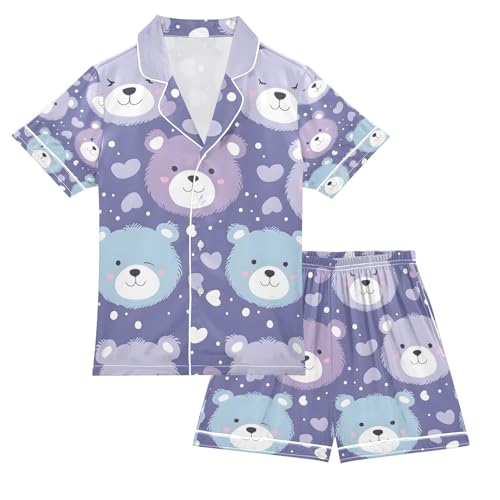 senya Cute Bear Face Purple Satin Summer Pajama Sets Silk Short Sleeve Button Down Sleepwear