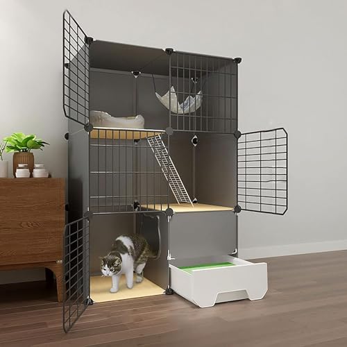 猫用トイレ付き屋内猫ケージ、大型2/3段猫用囲い、小動物用屋内猫ケージ、1〜3匹の猫に最適な運動場(75x49x111cm)