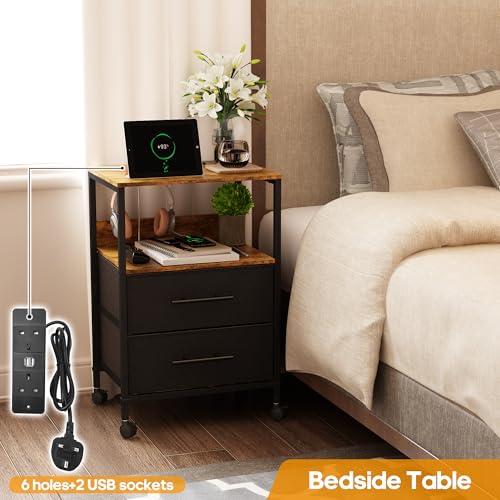 MYGIIVOVO Bedside Table with Charging Station, Nightstand with 2 USB Ports for Bedroom, with 4 Castors and 2 Fabric Drawers (2 Drawers, Black)