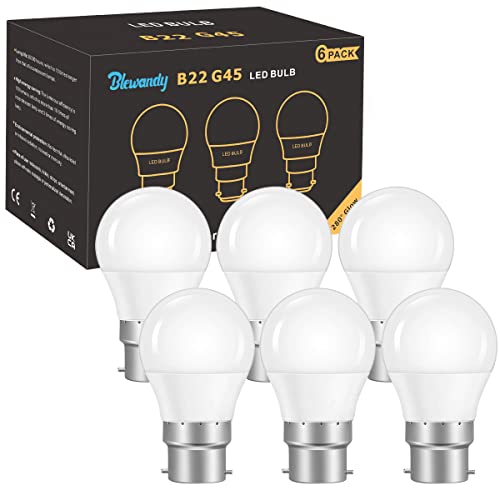 Blewandy Ampoules LED B22, 5W Équivalent Incandescence 40W, LED Ampoule Baïonnette, G45 Type Globe 500LM Blanc Chaud 3000K, Ampoules Économie D'énergie, Non Dimmable, Lot de 6