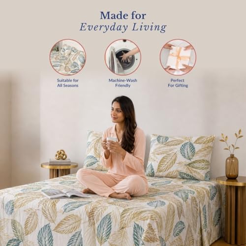 Image of Jaipur Weaves Double Bed Cotton Bedsheet Queen Size 90x100, 100% Pure Cotton Bed Sheet with 2 Pillow Covers, 240 TC Soft Breathable Leafy Design - (Grey Olive, Queen)