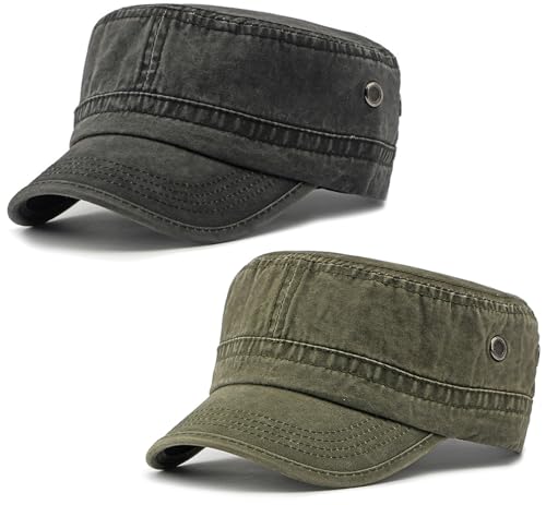 2 Pack Cadet Army Caps Cotton Military Style Patrol Hats Adjustable Veteran Flat Top Hat (Black Green)