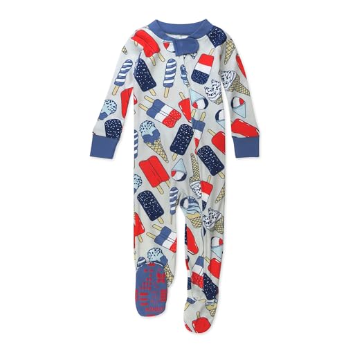 HonestBaby Baby Celebration Non-Slip Footed Pajamas One-Piece Sleeper Zip-Front Pjs 100% Organic Cotton, Ice Cream Independence, 12 Months