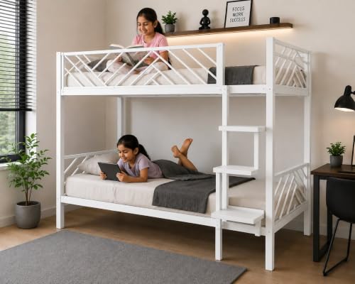 Image of Metal Bunk Bed Twin Over Twin with Ladder, Heavy Duty Steel Frame, Space Saving Kids & Adult Bunk Bed, Safety Guard Rails, Noise-Free, White, 74 x 36 x 60 Inches (White)