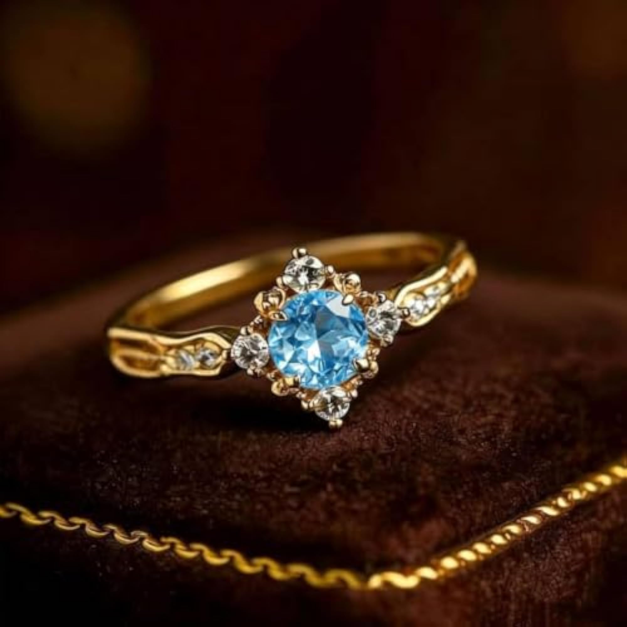Women's Gold-Tone Accented Round Band Ring with Blue Stone, Everyday Wear