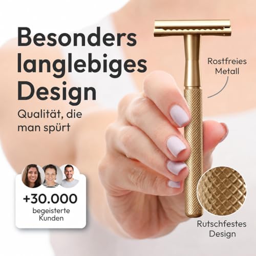 ANYMALE® Rasierhobel Damen (Gold Edition) inkl. 5 x Ersatzklingen-Set & Ständer - Nassrasierer & Frauen Rasierer (Zero Waste) Metall mit 5 Klingen - Damenrasierer & Klingenrasierer, Safety Razor 3