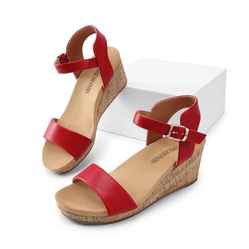 DREAM PAIRS DREAM PAIRS Women's Open Toe Buckle Ankle Strap Platform Wedge Sandals for Women Summer Dressy Shoes,Size 5.5,Red/Pu,NINI-8