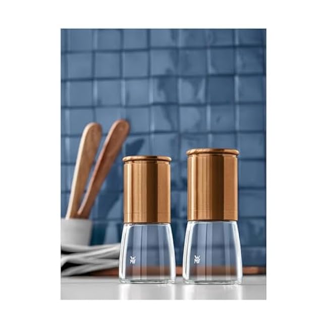 WMF De Luxe Pepper Mill Set 2-Piece Filled 14 cm Diameter 6 cm Cromargan Stainless Steel Glass Ceramic Grinder Mill for Salt / Pepper / Chilli Pepper / Copper / Ceramic Grinder