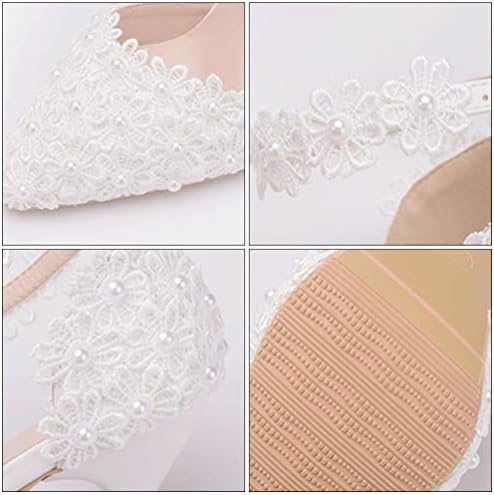 Womens High Heel Pumps Lace Mesh Satin Bridal Wedding Shoes for Women Ankle Strap Pointy Toe Pumps Closed Toe Sandals with Floral Lace Pearls Strap Stiletto Bridal Wedding Party Shoes White | Image 4