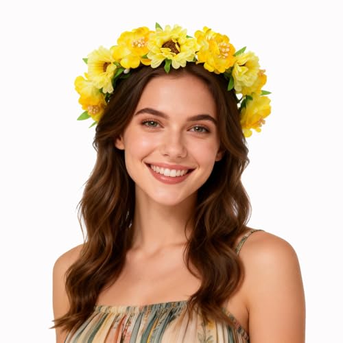 June Bloomy Rose Flower Leave Crown Bridal Halo Headband with Adjustable Ribbon (A Yellow)