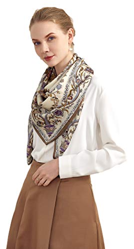 Grace Scarves 100% Silk Scarf, Extra-Large, Beanstalk, Creme With Taupe Trim, 42 x 42 inches