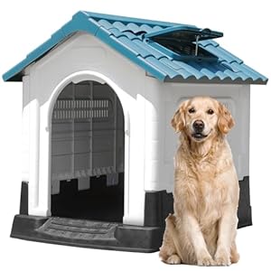 DWVO 41.3” Plastic Foldable Dog House for Small, Medium, and Large Dogs, Waterproof Folding Pet House with Adjustable Top Window and Elevated Base (41.3”L x 34.6”W x 39”H)