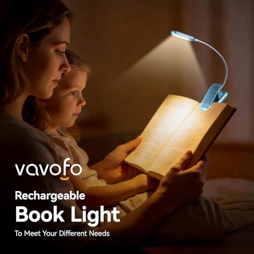 Image of VAVOFO Rechargeable Reading Light, 7 LEDs with 9 Color Temperature 9 Brightness Levels Clip On Book Light for Reading in Bed with Power Indicator for Bookworms (Silver Blue)