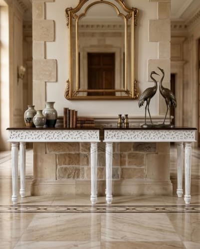 Image of Solid Wood Side Tables Console Sofa Tables End Table /Coffee Snack Console Table for Living Room, Hallway (Anique White&Walnut Brown)