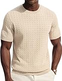 PJ PAUL JONES Men's Casual T-Shirts Short Sleeve Hollow Out Knit Tee Shirt Casual Crew Neck Dressy Tees Office Beige M