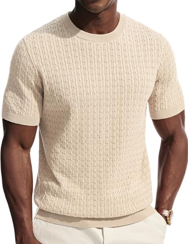 PJ PAUL JONES Men's Casual T-Shirts Short Sleeve Hollow Out Knit Tee Shirt Casual Crew Neck Dressy Tees Office Beige M