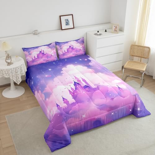 Juego de edredón de castillo matrimonial morado con 2 fundas de almohada 4