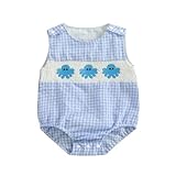 Licupiee Newborn Boy Turtle Romper Sleeveless Seersucker Stripe Overalls Gingham Plaid Octopus Bodysuit Baby Summer Clothes (Blue, 12-18 Months)