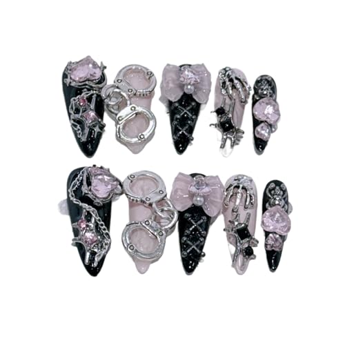 Faux Ongles Noir Camélia Diamant Rose Idéal pour Vos Soirées Lolita Y2K