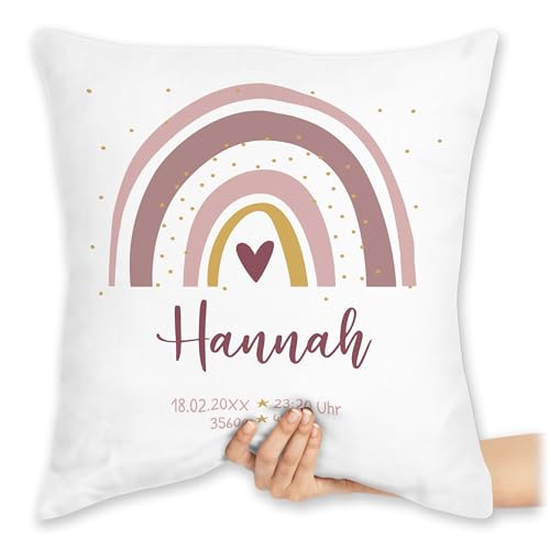 Kissen 40x40 Zierkissen - Geschenk Boho Regenbogen mit Name I Geschenke zur Geburt personalisiert - 40 x 40 cm - Weiß - Geburtsgeschenk￼ personalisierte Babygeschenk Geburtsgeschenk für mädchen