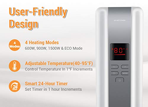 Space Heater, 1500W Oil Filled Radiator Heaters Indoor Portable Electric with Remote, Built-in 24-Hrs Auto On/Off Timer, Digital Thermostat, ECO Mode, Safe and Quiet Heater for Home Office Use, White