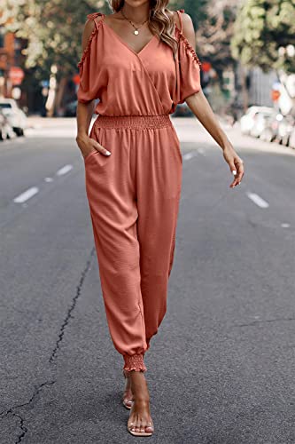 Prettygarden Jumpsuit For Women Casual Summer Wrap V Neck Cold Shoulder One Piece Outfits Pants Romper (Watermelon Red,Small) #TOP23