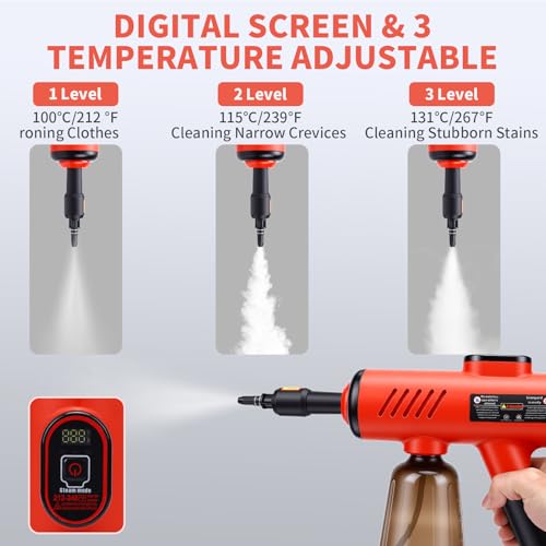 Handheld Steam Cleaner,1200W Pressurized Multi-Surface Cleaner with Digital Display,600ML Water Tank & 3 Temperature Levels,Portable Steam Cleaner for Home, Car, Floor,Tile with Multi-Attachments by GEERYZHE - Used condition - Image 3