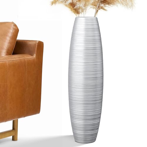 Image of Tall Floor Vase, 27.5 inches (70cm, 2.3FT) Tall Vases Sturdy, Luxury, Textured for Decorative Branches Dried Flowers, Floor Vase for Rustic Living Room, Modern Decor, Resin Silver Vases
