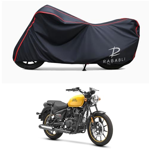 Image of Waterproof Bike Body Cover Compatible for | Royal Enfie Meteor 350 | Taffeta Fabric, Red Piping Design, Bottom Elastic Fit | Dustproof, Sun UV & Rain Protection for All Bikes