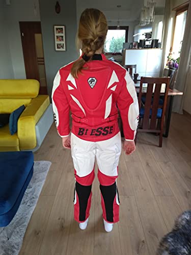 BI ESSE - Minimotorrad-Anzug für Kinder, aus Leder und Stoff, professionell, mit CE-Protektoren, rot / weiß, 3XL (14-15 anni)