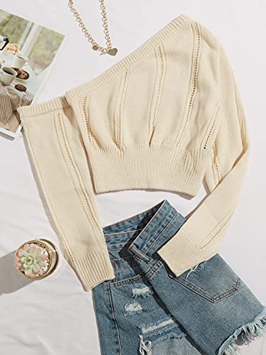 Wdirara Women's Off One Shoulder Asymmetrical Neck Long Sleeve Crop Pullover Sweater Tops Apricot M #TOP4