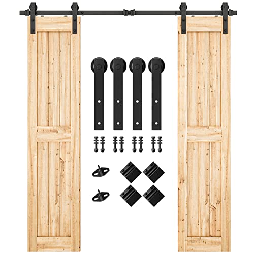 SMARTSTANDARD 6.6FT Heavy Duty Double Door Sliding Barn Door Hardware Kit,Smoothly and Quietly-Easy to Install-Includes Step-by-Step Installation Instruction Fit 20" Wide Door Panel 6.6 Feet