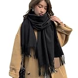 [Allanve] マフラー レディース 大判ストール 【高級な雰囲気・柔肌ふんわり・暖かい防風】 柔らかい チェック柄 ブランケット レディースマフラー ひざ掛け おしゃれ 厚手 無地 かわいい 秋冬 学生 ギフト クリスマスプレゼント (無地：ブラック)