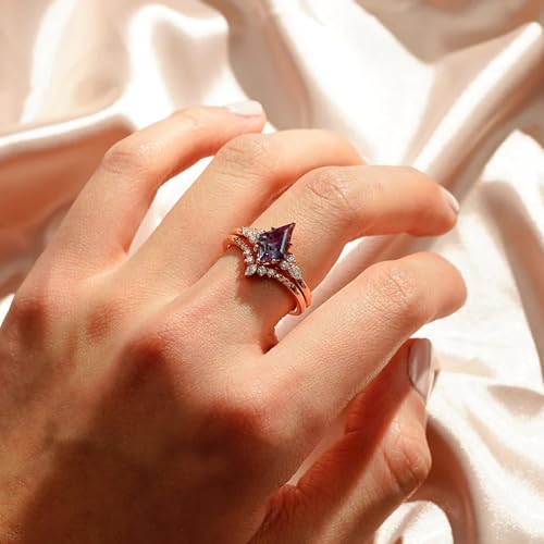 Alexandrite Ring Set 925 Sterling Silver/10K/14K/18K Gold Kite Cut 2ct Alexandrite Engagement Ring Alexandrite With Moissanite Engagement Ring Set For Women Free Engraving2