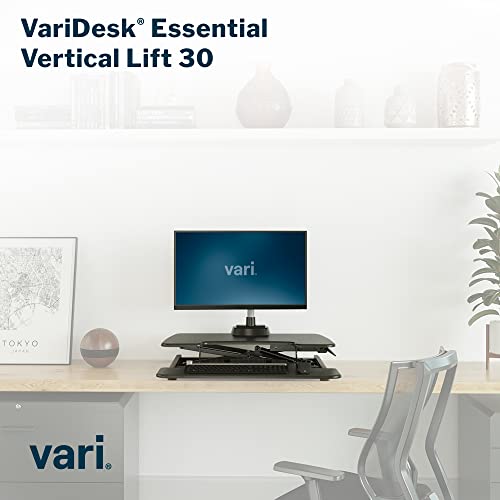 Image of Vari VariDesk Essential Vertical Lift 30 Inch Standing Desk Converter - Compact Home Office Workstation for Laptop or Monitor + Keyboard Tray - Delivers Fully Assembled (Black)
