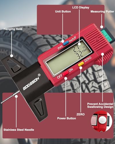 Image of GODESON Tire Tread Depth Gauge, Digital Tire Thread Depth Gauge with 3 Modes-32NDS, 1 Inch and 25.4MM, Large Screen & Color Scale Code Easy to Read,Suitable for Motors, Cars, SUV (Red)