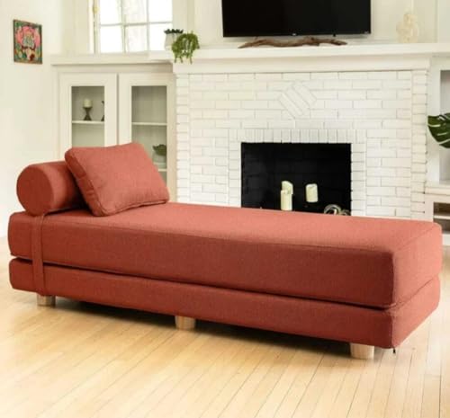 Image of SOUL CRAFT Modern Modular Daybed /Fold-Out Sleeper, Beige, Velvet Fabric, Converts to 2 Single Beds or 1 Queen Bed, with Mattress 203 cm x 74 cm(6.66 ft x 2.43 ft) (Orange)