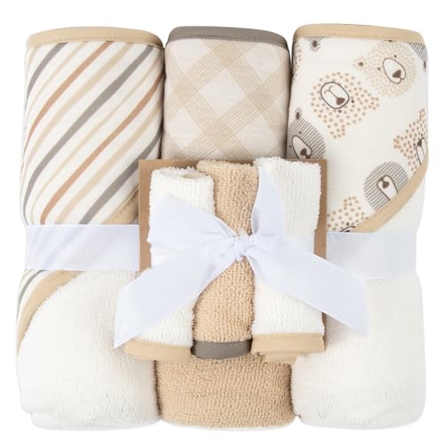 Image of Hooded Baby Bath Towel and Washcloth 6 Piece Set for Newborns, Infants & Toddlers, Boys & Girls Baby Hooded Towels Set (Teddy Bears & Stripes)